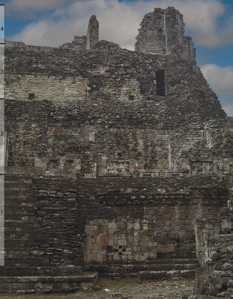 North Side of Becán Structure IV showing the four stories which have been labeled according to function