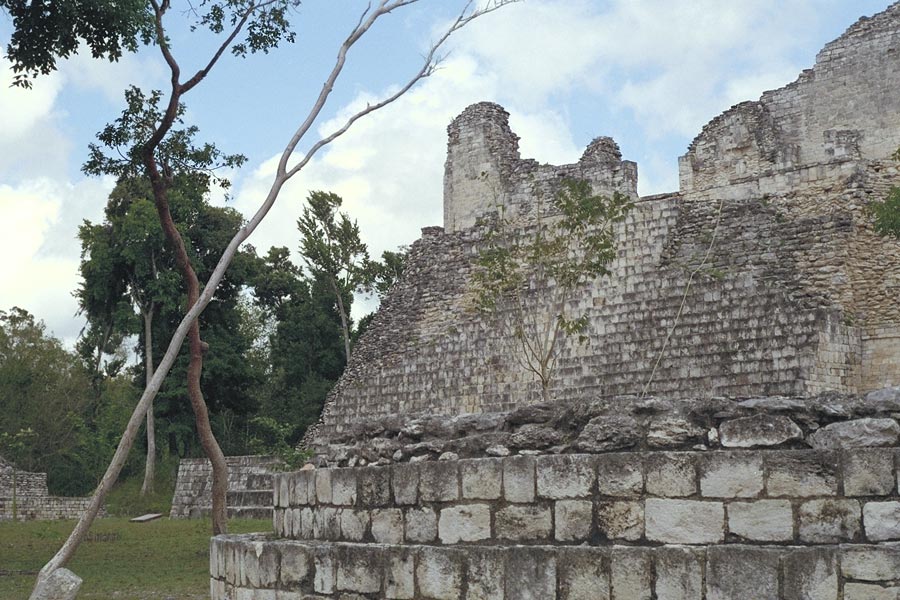 Becán Structure IV viewed from the South side of Structure IV showing the grand stairway to the residential courtyard on top