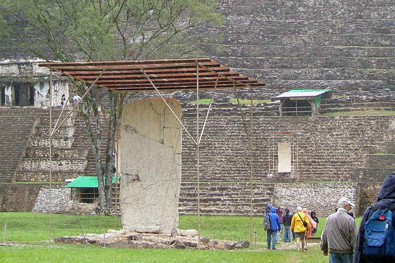 Bonampak Stela 1 standing tall on the acropolis