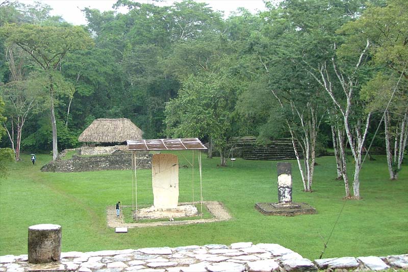 Wide view of Stela 1 on the Bonampak Acropolis