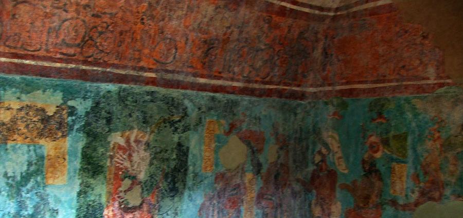 Bonampak Murals Room 1 are separated by an orange hieroglyphic text band
