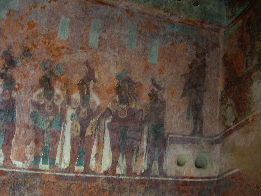 Bonampak murals, Room 1, upper register: Chaan Maun's infant heir presented to group of nobles