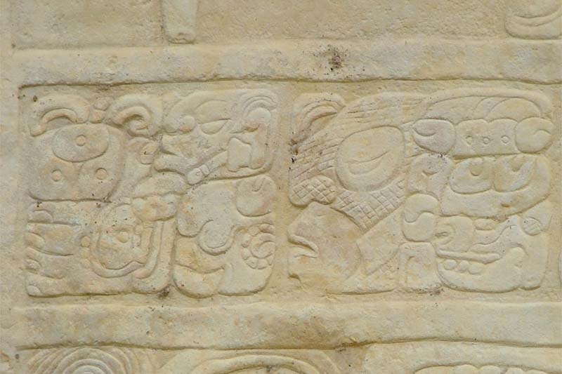 Detail of a glyph on Bonampak Stela 1 depicting a masked face, possibly the name glyph of Chan Muan II