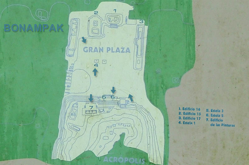 Bonampak Site Map with clickable links to the famous murals of Room 1 and Room 2, plus links to the beautiful stela 1 and 2
