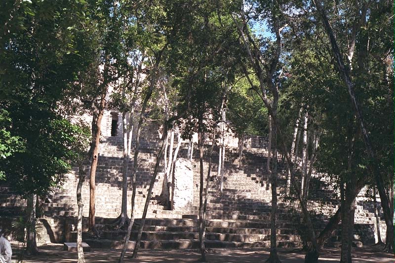 Carved stelae lining the staircase and plaza of Structure XIII
