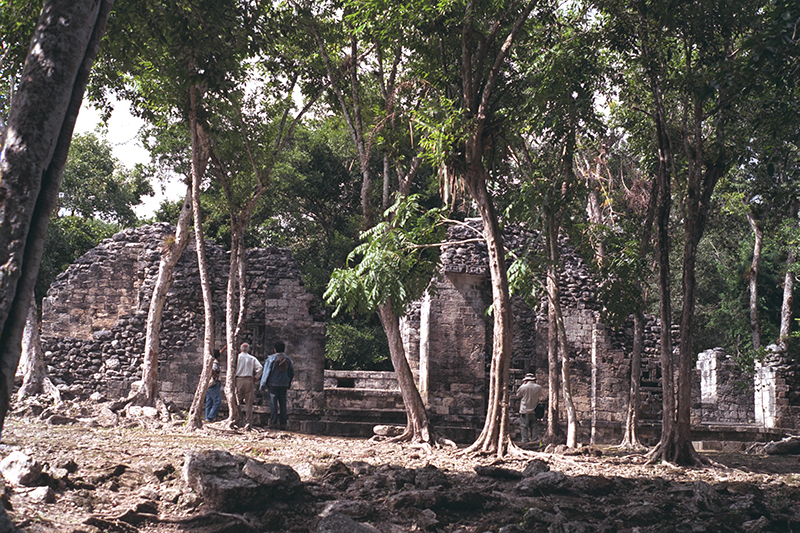 Chicanná, Str. VI showing tourists looking at the beautiful abstract serpent panels decorating the ruined front facade