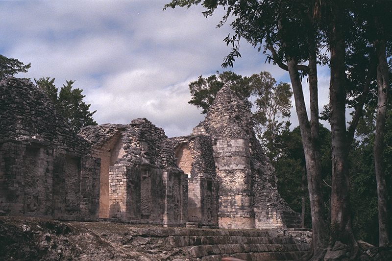 Structure I at Chicanná showing the distinctive Rio Bec style tower and central building