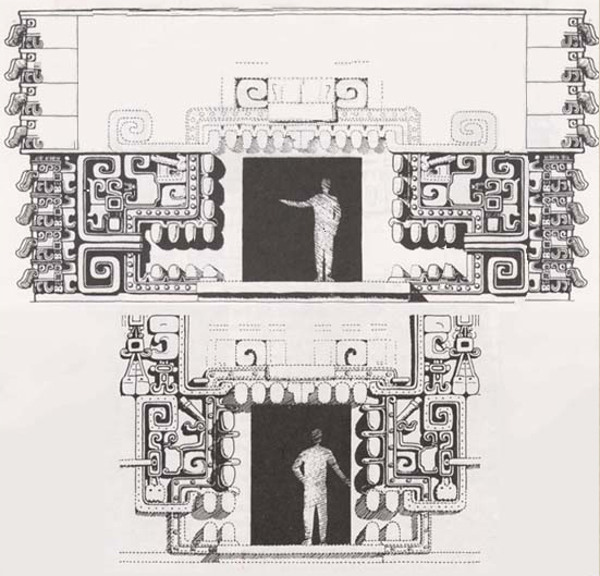 Reconstructive Drawing of how upper and lower monster-mouth doorways of Structure XX might have originally looked, from Paul Gendrop's Rio Ben, Chenes, and Puuc Styles in Maya Architecture