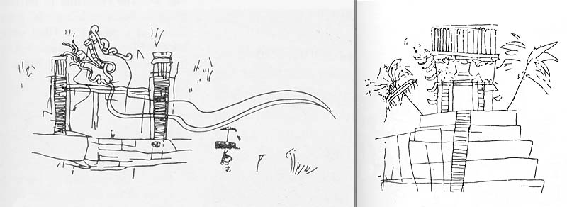 Drawings of ancient graffiti from Structure II representing Rio Bec and Tikal style architecture