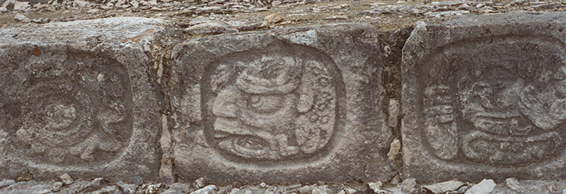 Edzná: Stairway glyphs on risers showing dedication date of 652 A.D.