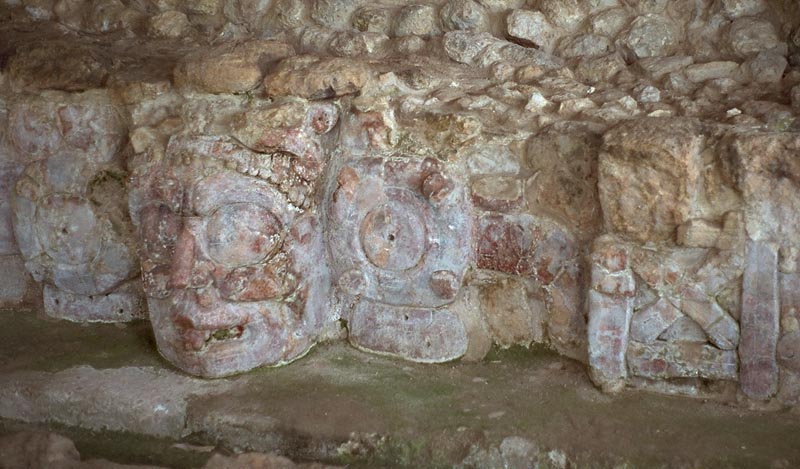 Edzná: Temple of the Masks showing remains of red, ochre, and black paint