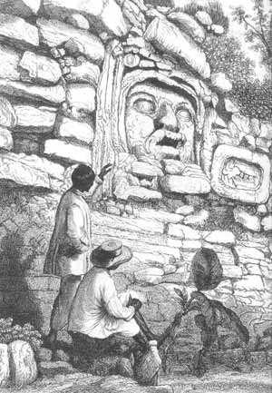 Catherwood etching from 1841 showing gigantic stucco mask which no longer exists