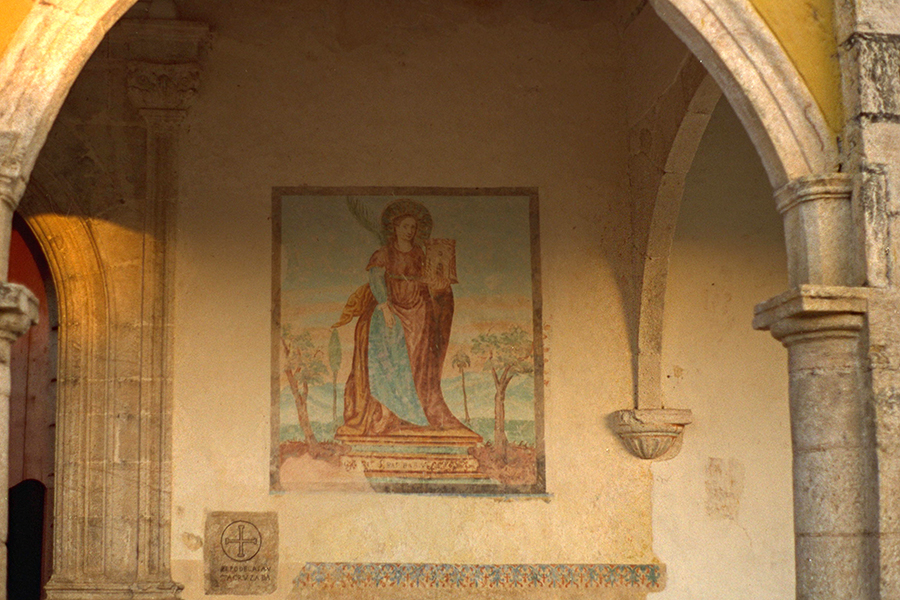 Izamal Basilica: 17th century mural depicting Santa Barbara, to the right of the main entrance