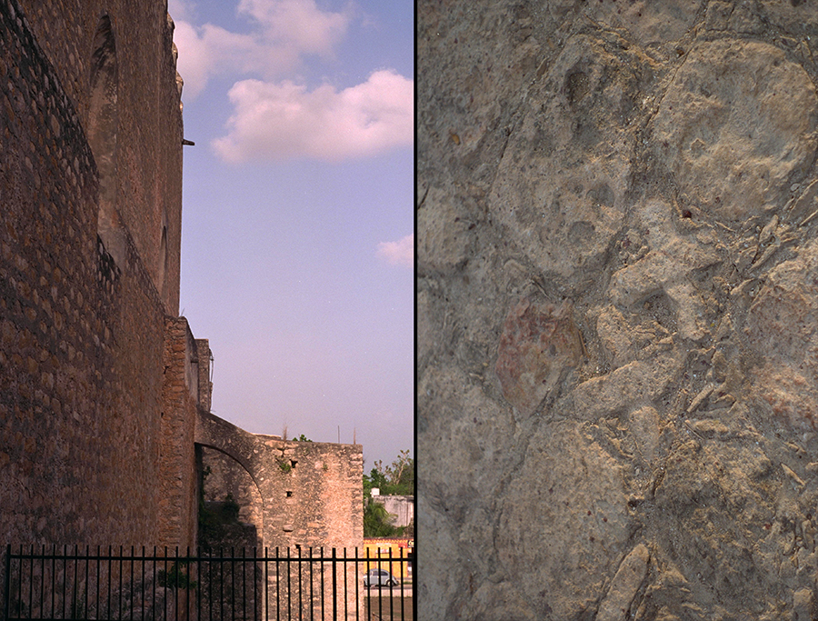 Maya glyphs carved on stones from P'ap'hol-chaak re-used to build the Basilica