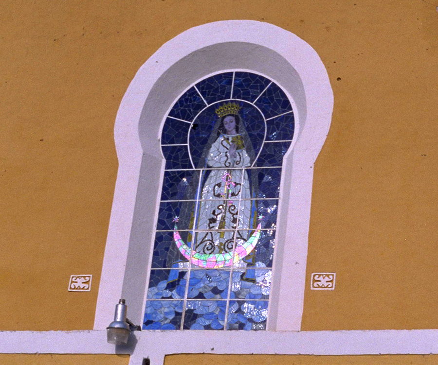 Stained glass window showing Virgin of Izamal standing on a crescent moon, Izamal Basicila
