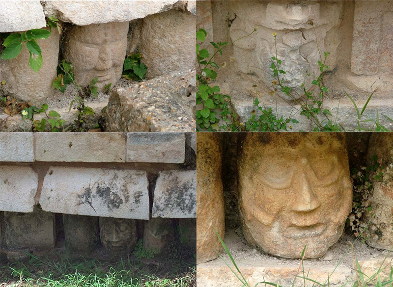 Palace of Labna central patio: composite photo of carved heads of ancestral figures in the foundation stones