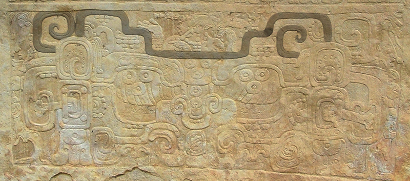 Illustration of the creation mountain cleft from Maya mythology which was often used as a decoragive pattern on Puuc royal buildings