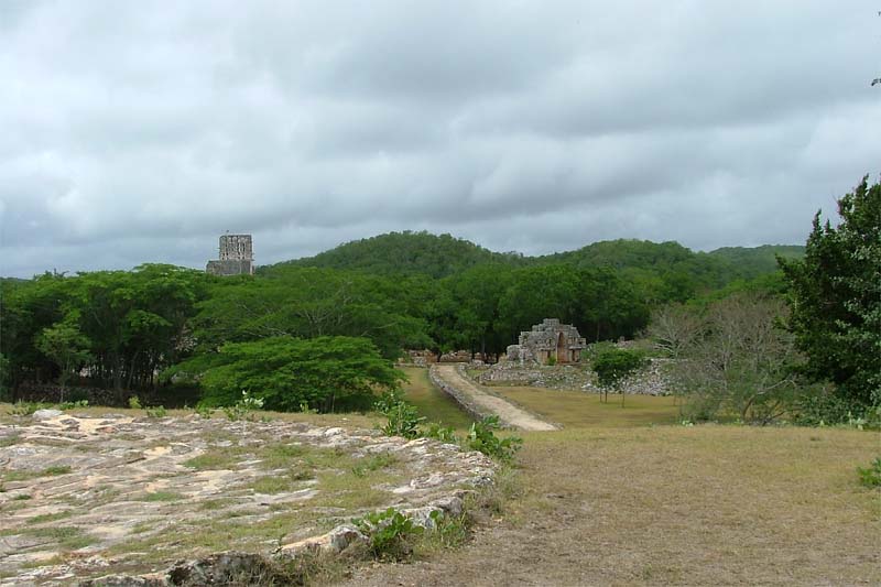 Distant view of the Labna Portal Arch and El Mirador temple from the Palace upper story