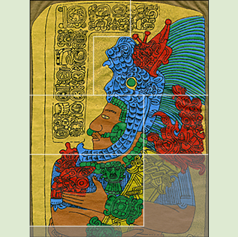 Diagram of Lamanai Stela 9 depicting Lord Smoking Shell and glyph blocks