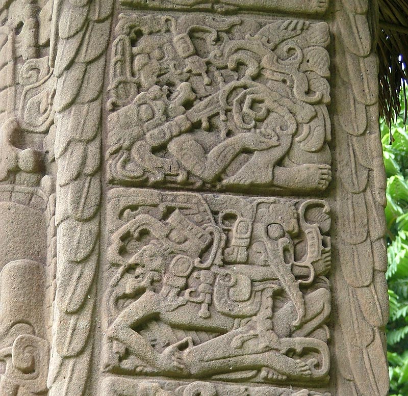 Detailed view of glyphs representing 15 Katuns and 16 Tuns on Stela D
