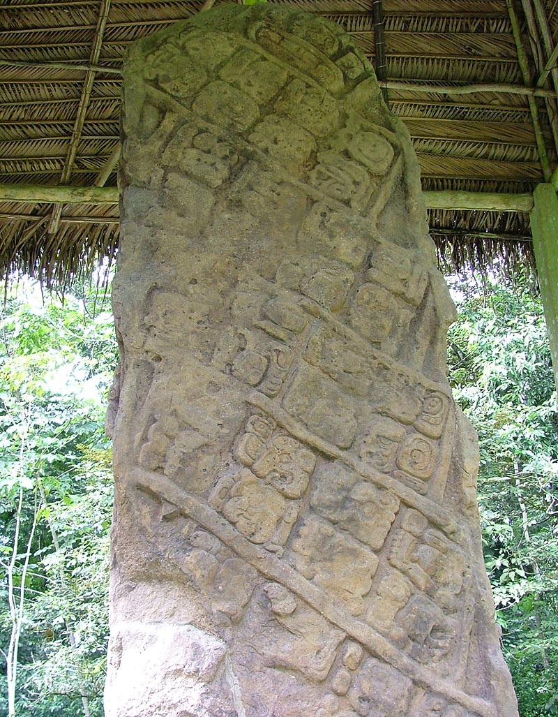 Back side of Stela H showing the unique diagonal hieroglyphic text