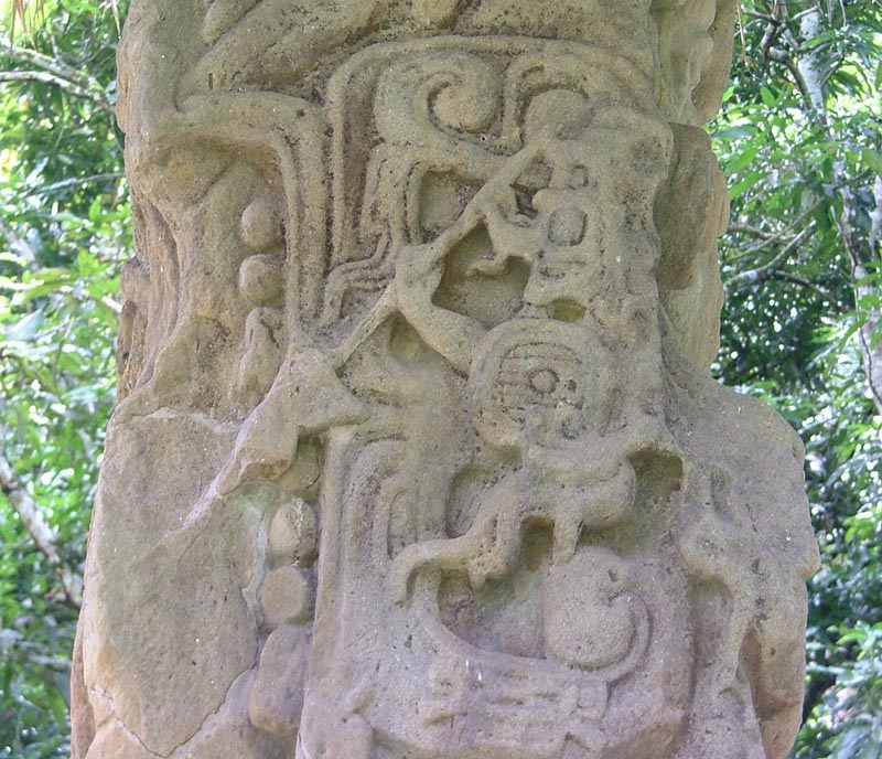 Detail of Kawil emerging from the serpent bar on Stela H