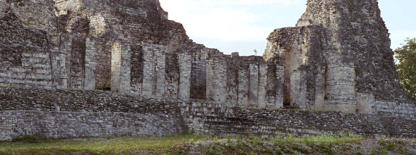 Panoramic view of the front facade of Xpujil Structure I