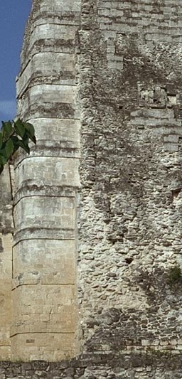 Stepped tower of Xpujil Structure I showing rounded corners and mouldings